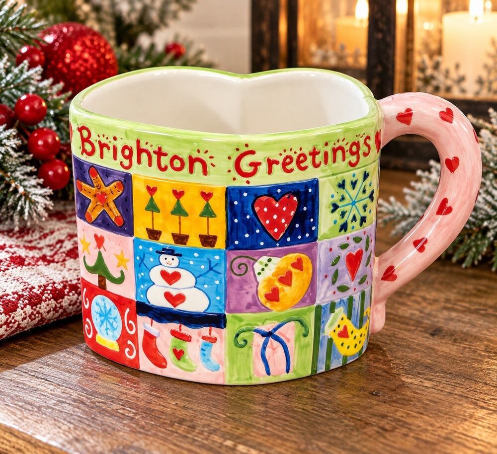 Brighton Seasons Greetings Heart Shaped Christmas Mug Folk Art Ceramic 5”